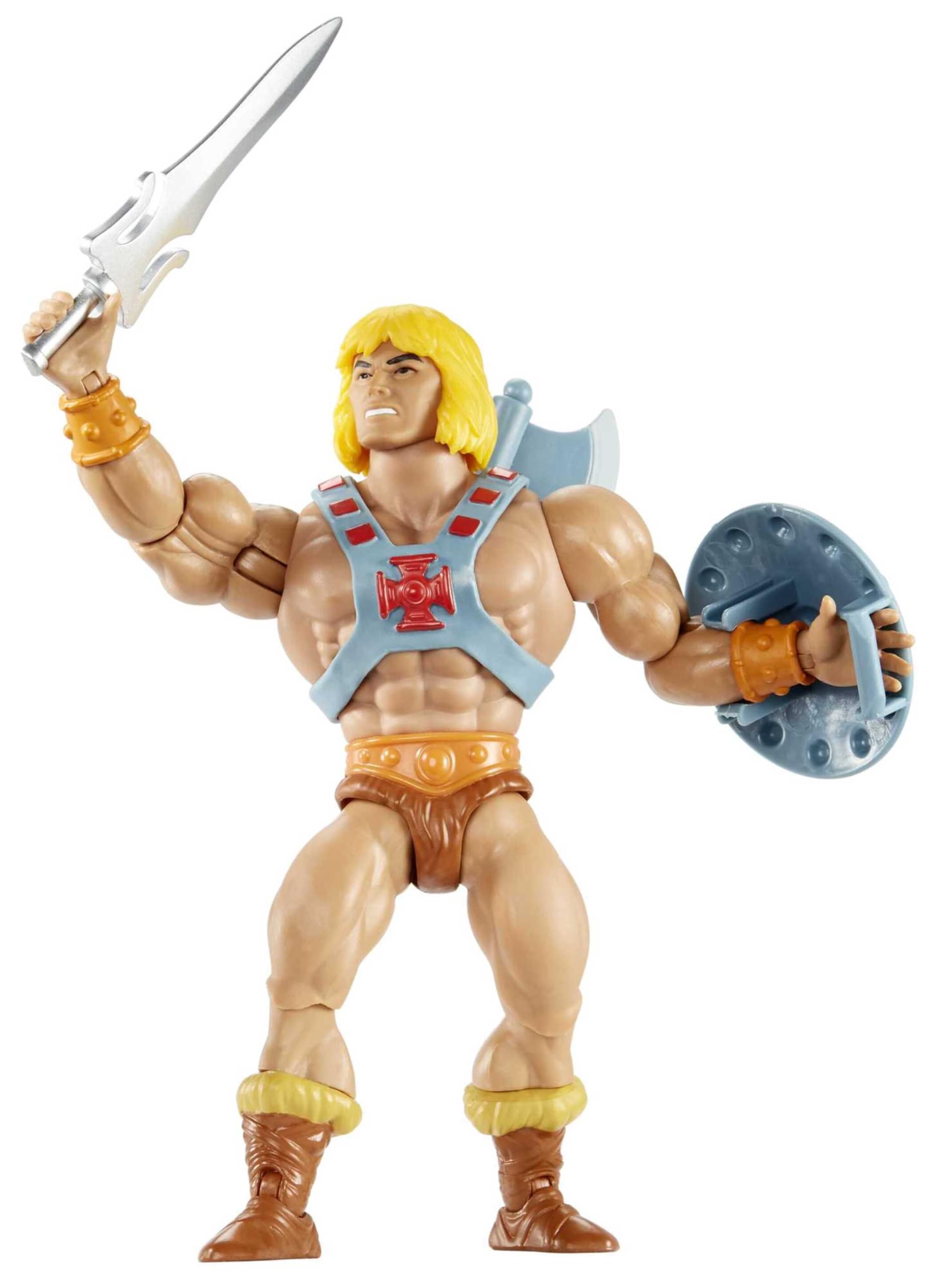 Masters of The Universe Origins Figura de acción de He-Man, Juguete de héroe de televisión de 13,97cm, Motu 1980, diseño detallado con arnés, Espada, Hacha y Escudo, JNP97