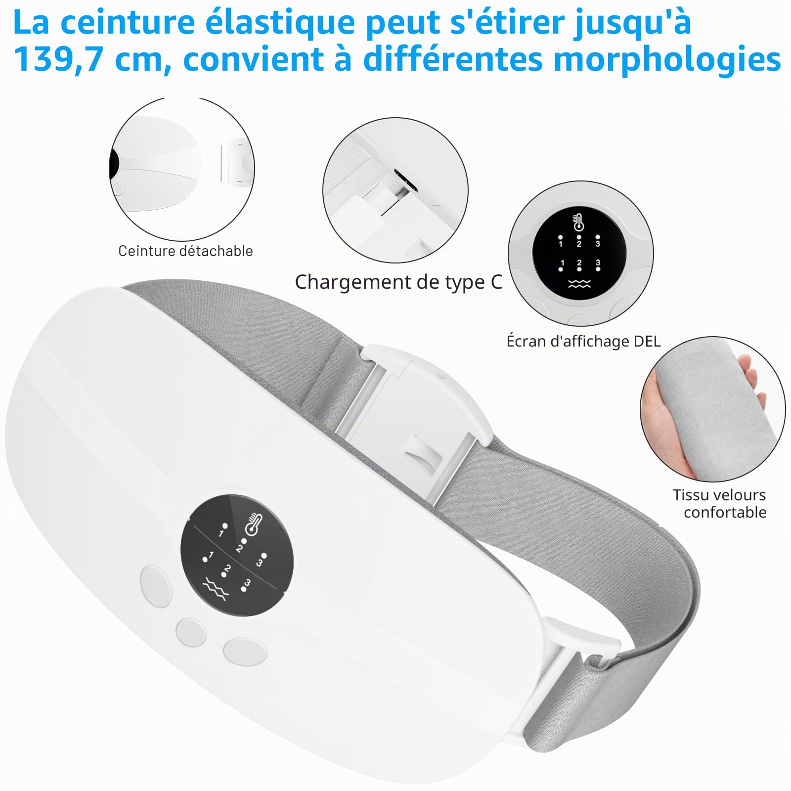 Kissleaf Ceinture Chauffante Regle Douloureuse,Chauffant Regles Douloureuses,USB Rechargeable Ceinture Menstruelle Chauffante,3 Niveaux Chaleur 3 Modes Ceinture Chauffante Ventre (blanc)