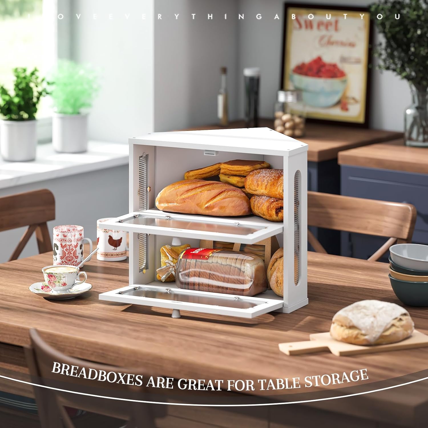 Corner Bread Box for Kitchen Countertop Bmaboo Double Layer Bread Boxes Capacity Farmhouse Bread Box, Corner Countertop Storage (White)