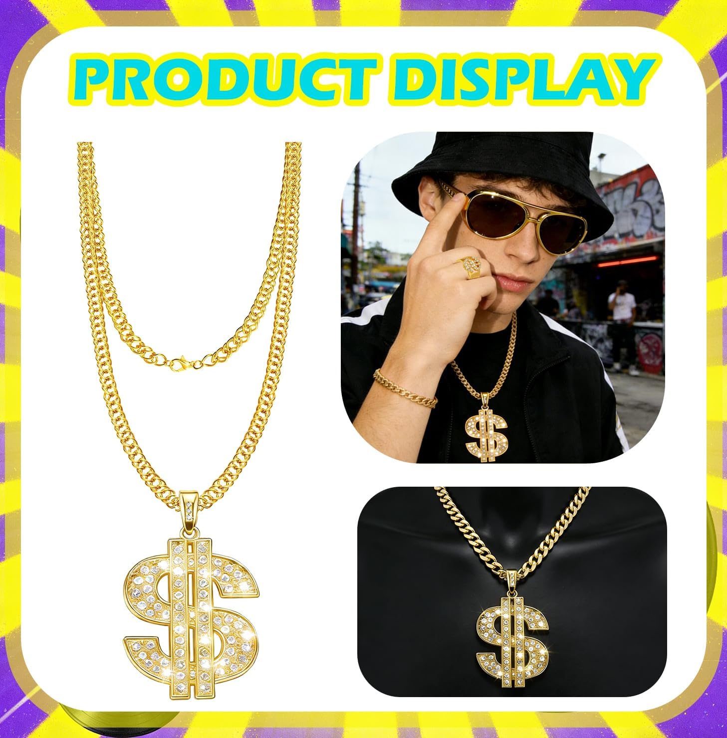 Hip Hop Costume Kit 80s 90s Rapper Accessories for Men Women Cosplay Yellow