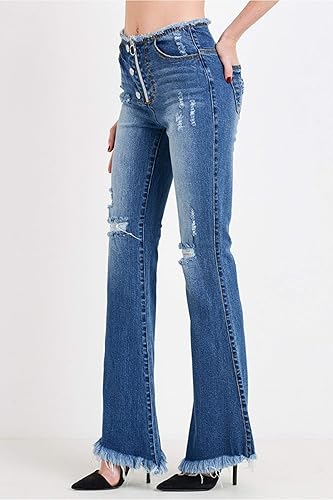 Khanomak Women's High Rise Stretch Zip Button Front Frayed