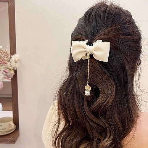 Miniatura 7 de auwiyd 3 pinzas para el pelo con lazo, borla de perla, horquilla para mujeres y niñas, estilo francés, color sólido, accesorios para el cabello,