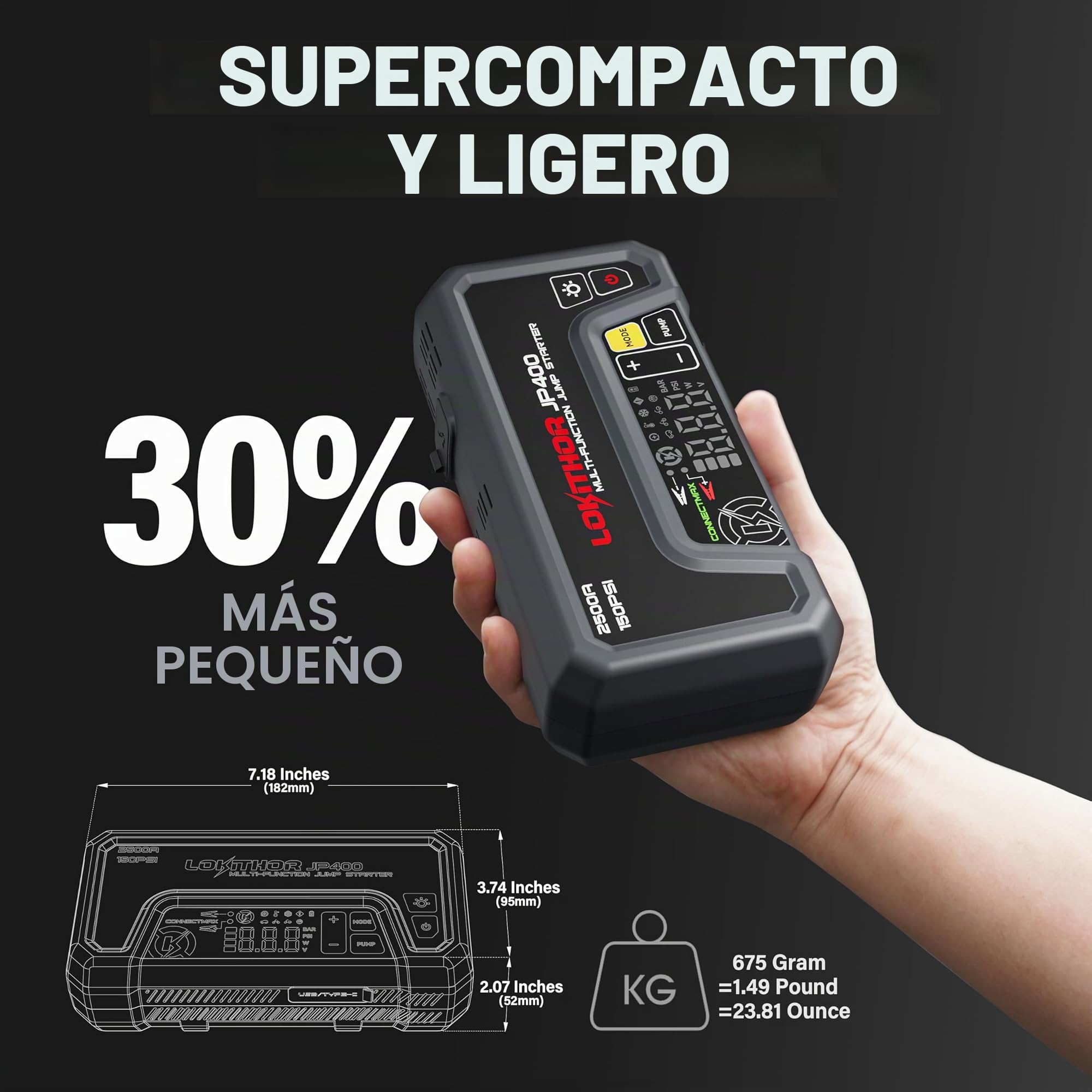 LOKITHOR JP400 Arrancador de Coches Portátil 2500A con Compresor | Cargador Inteligente 6V/12V con Mantenimiento y Desulfatación, Para Gasolina 8,5L y Diésel 6,5L