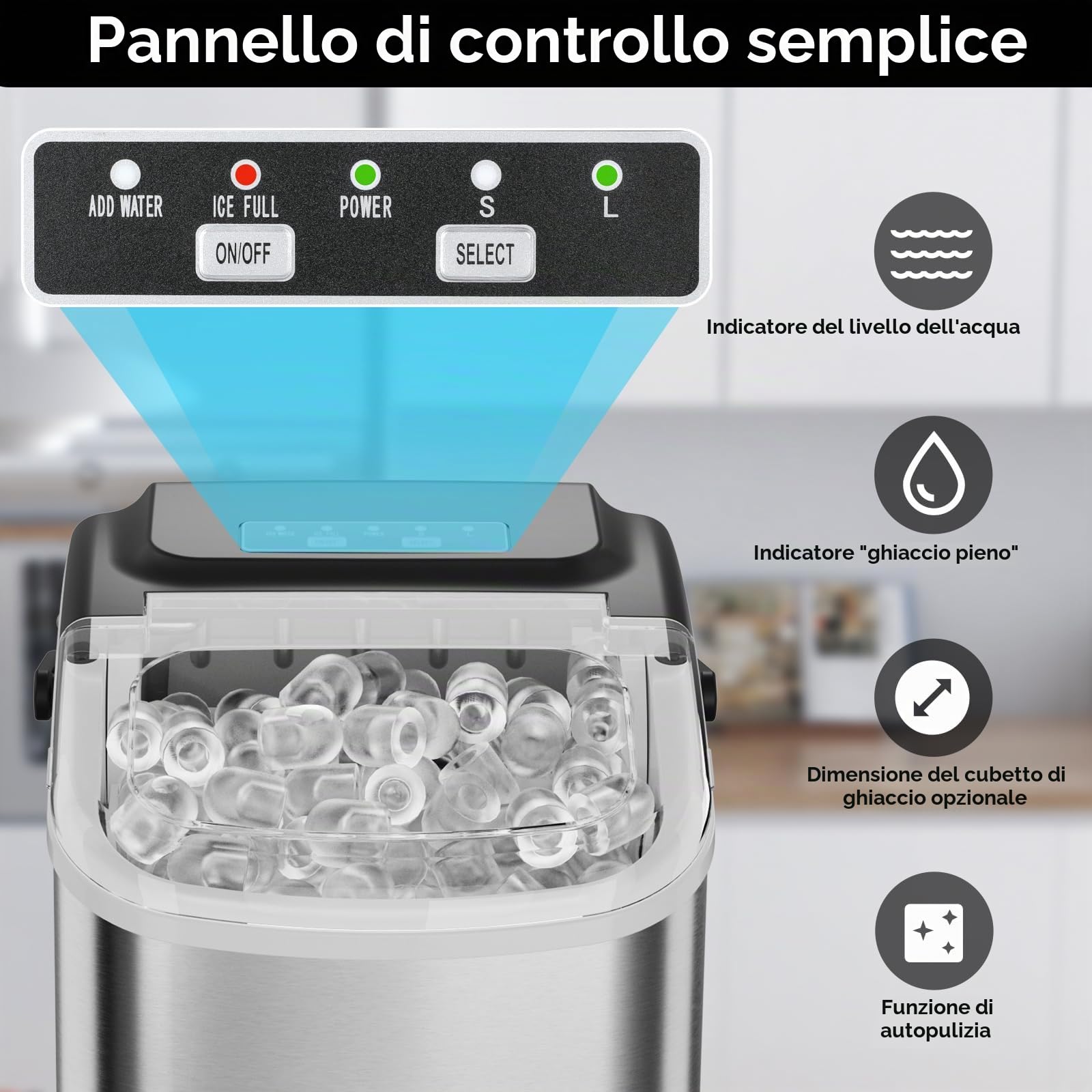 Macchina Ghiaccio, 12 kg/24h, 9 Cubetti di Ghiaccio in 6 Minuti, 2 Dimensioni di Ghiaccio, Silenzioso, Macchina del Ghiaccio con Maniglia, Macchina per il Ghiaccio Autopulente per Cucina/Ufficio/Bar