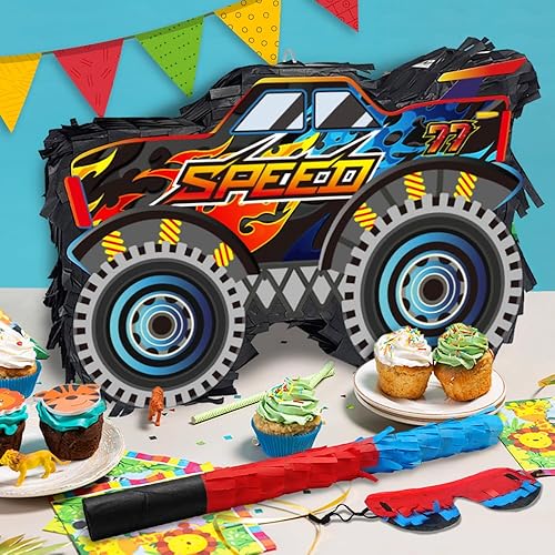 Miniatura 4 de Piñata de camión para suministros de fiesta, piñata de camión monstruo, piñata de automóvil con palo y venda, decoración de fiesta de cumpleaños