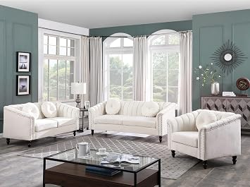 Velvet Sofa Sets Couch Sets for Living Room,76 Chesterfield Loveseat Sofa Set with 5 Pillows and Rolled Arm for Living Room/Apaetment/BedroomBeige,3pcs