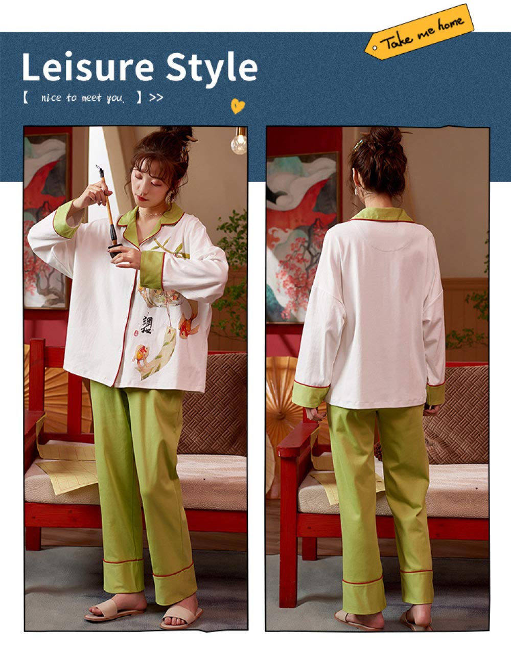 Conjunto De Pijamas De Mujer,Pijamas Suaves Y Cómodos De Algodón Ropa De Dormir Con Estampado De Peces De Colores De Estilo Chino Con Bolsillos Con Botones Conjunto De Pijamas De Manga Larga Top &
