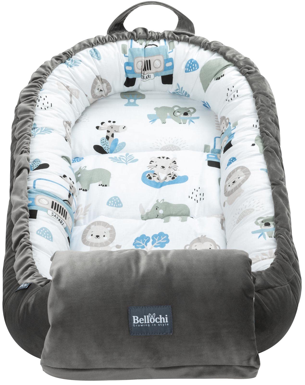 Bellochi reduktor łóżeczko dziecięce z poduszką na ramię - bawełna i aksamit - Cocoon reduktor do Baby Nest - 90 x 60 cm - Safari