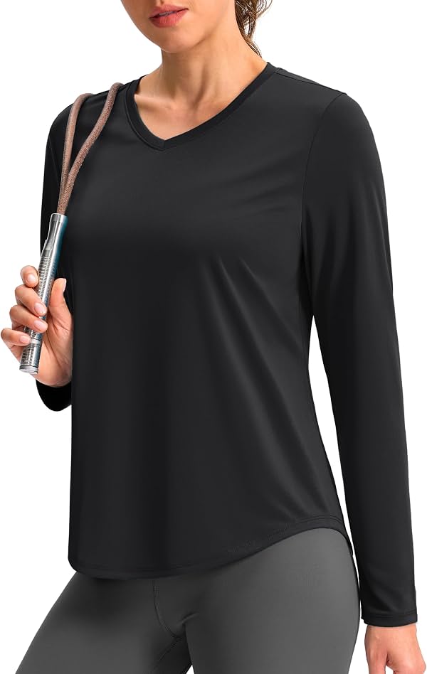 Camisetas Deportivas de Manga Larga para Mujer, Secado Rápido, Escote en V, Tallas XS-3XL
