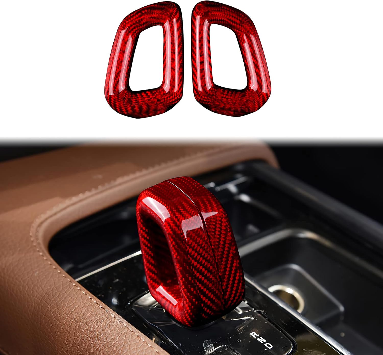 Carbon Fiber, Compatible with Volvo, Gear Shift Knob Cover Interior Trim for Volvo XC60 XC90 S60 S90 V90 C40 XC40 Accessories, Type D, Red