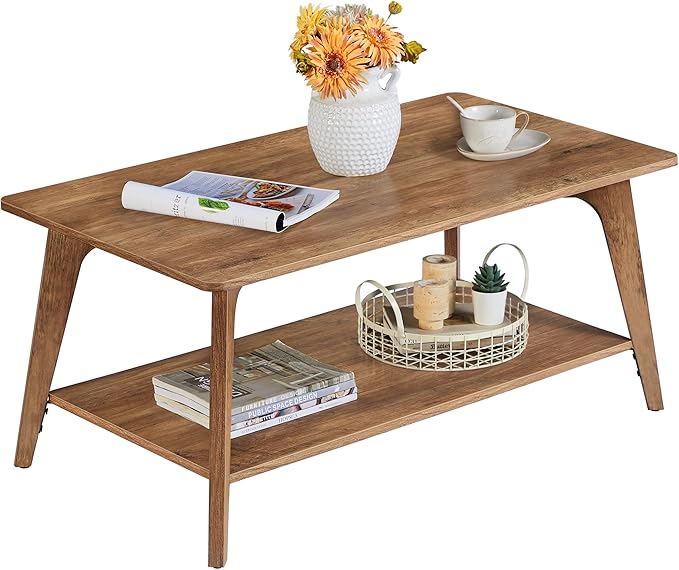 VASAGLE Coffee Table, 2-Tier Living Room Table with Storage, Center Table with Rounded Corners, 21.7 x 39.4 x 17.7 Inches, Easy to Assemble, Honey Brown ULCT249K01