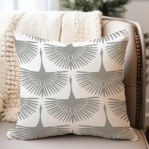 Miniatura 2 de Fundas de cojín de cisne gris, elegante pájaro claro, funda de almohada oriental chinoiserie de lino blanco para sala de estar, dormitorio, 16 x 16