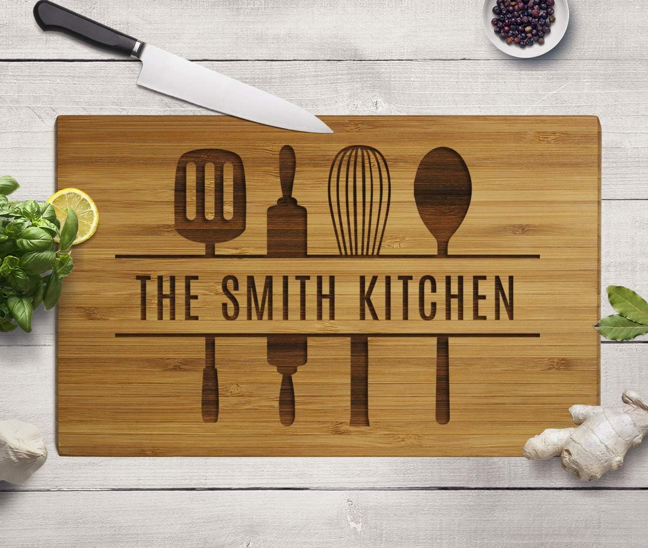 Andaz Press Personalized Large Bamboo Wood Cutting Board Gift for Newlyweds, 17.75 x 11-inch, The Smith Kitchen, Utensils Graphic, 1-Pack, Custom His Her Mr. Mrs. Wedding Laser Engraved Board