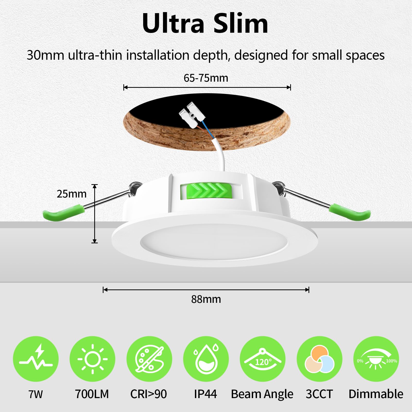GeyouLux Pack 10 Downlight LED Techo Empotrable, 7W IP44 Ultrafino Spot Encastrable Corte 65-75mm, 2700K/4000K/6500K Focos LED Interior Techo, Blanco Regulable 10-100% Ojos de Buey LED