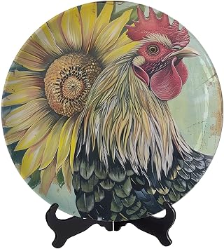 Farmhouse Sunflower Rooster Decorative Plate Ceramic Plate Household Seamless Design for Home Decor Porcelain Plates with Display Stand - 8 Inches