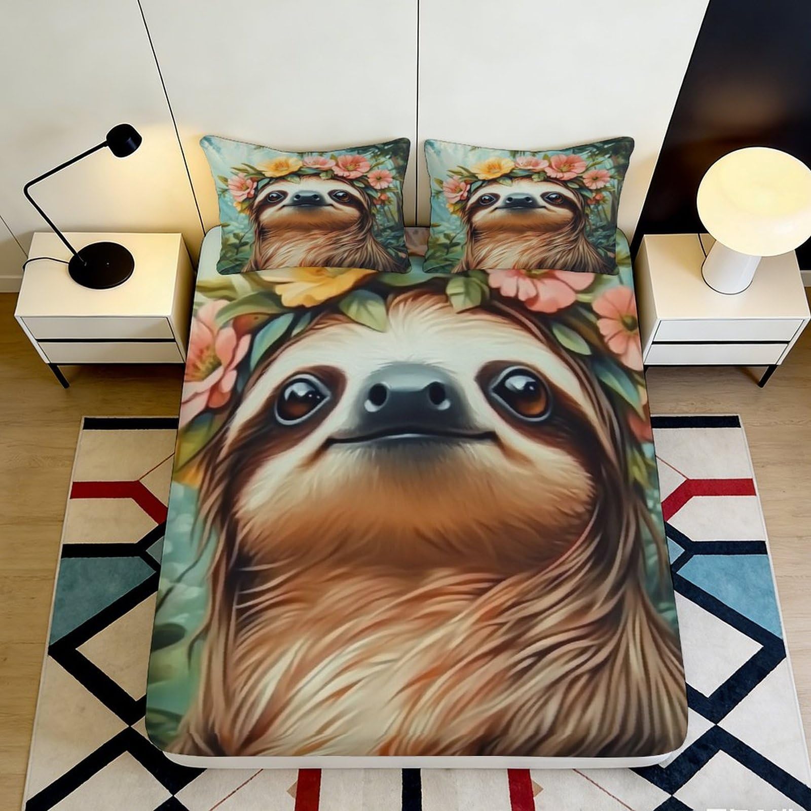 3D Printed Sloth Floral Fitted Sheet Microfiber Anti-Slip Bed Cover for Bedroom Guest Room Dorm Mattress Decor 90x200x25cm