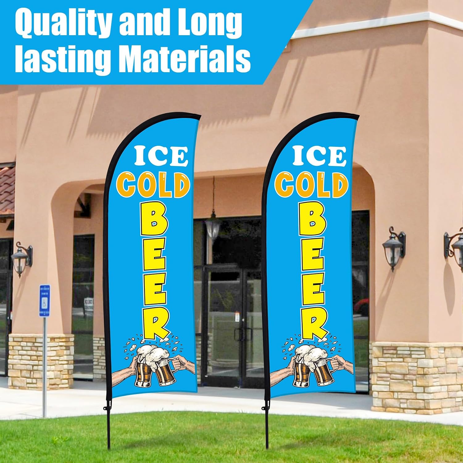 Buryeah 2 Sets Ice Cold Beer Feather Flag Kit 8ft Ice Cold Beer Flag Banner with Flagpole Ground Stake Portable Bag for Business Advertising Outside(Blue)