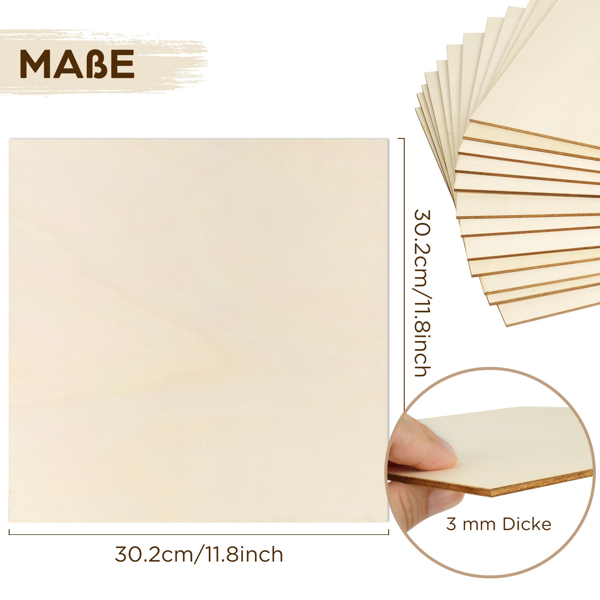 LotFancy 12 x Sperrholzplatte 3mm, 30 x 30 cm Sperrholz Linde, Dünne Holzplatten zum Basteln, Holz Blatt Zuschnitte, für Laserbearbeitung, Handwerk, Holzbausatz, Modellbau