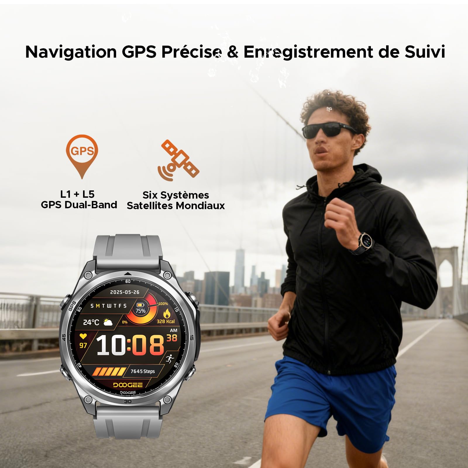 Anywise W1 AI Montre Connectée Homme, 5ATM Dual-Band GPS Tactical Watch,1,43'' AMOLED Screen, 170+ Modes Sport, Appel Bluetooth,18 Days Battery,LED Flashlight,Compass,pour Android/iOS, 3 Strap
