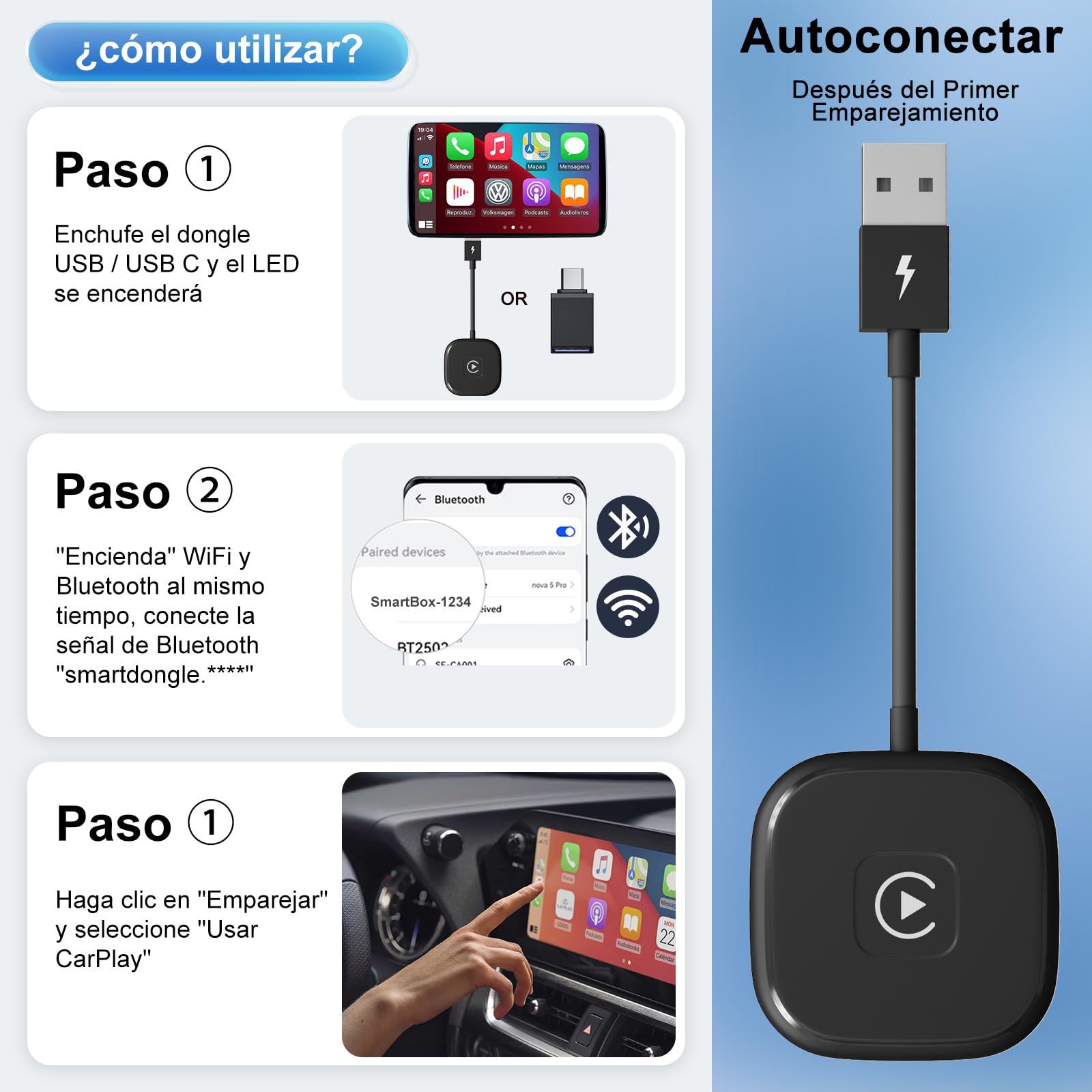 Adaptador Carplay Inalambrico para iPhone, Wireless Carplay Dongle con OEM, Carplay Inalambrico Coche Apto para Coches a Partir de 2017, iOS 10+