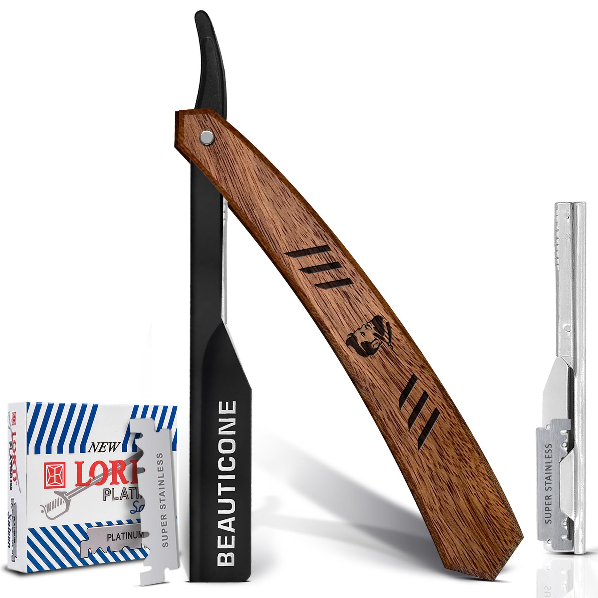 BEAUTICONE Straight Razors for Men, Straight Edge Razor with Single Edge Replacement Blades, Stainless Steel, Barber Razor for Men's Shaving, Barber Shaving Knife, Wooden Handle, Slide-Out