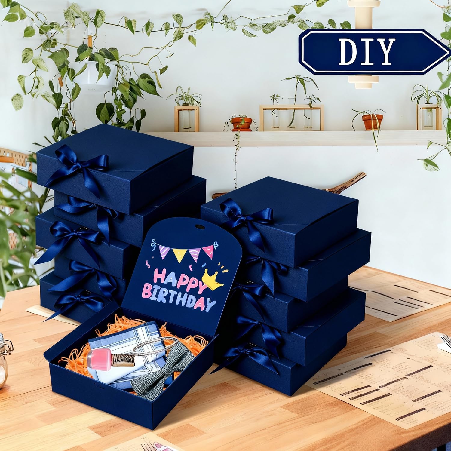 WLUSEAXI 10pack Gift Boxes with Lids, 6.5''x6.5''x2'' Blue Gift Boxes For Presents, Paper Boxes with Ribbon for Birthday Wedding Party Chocolate Candy