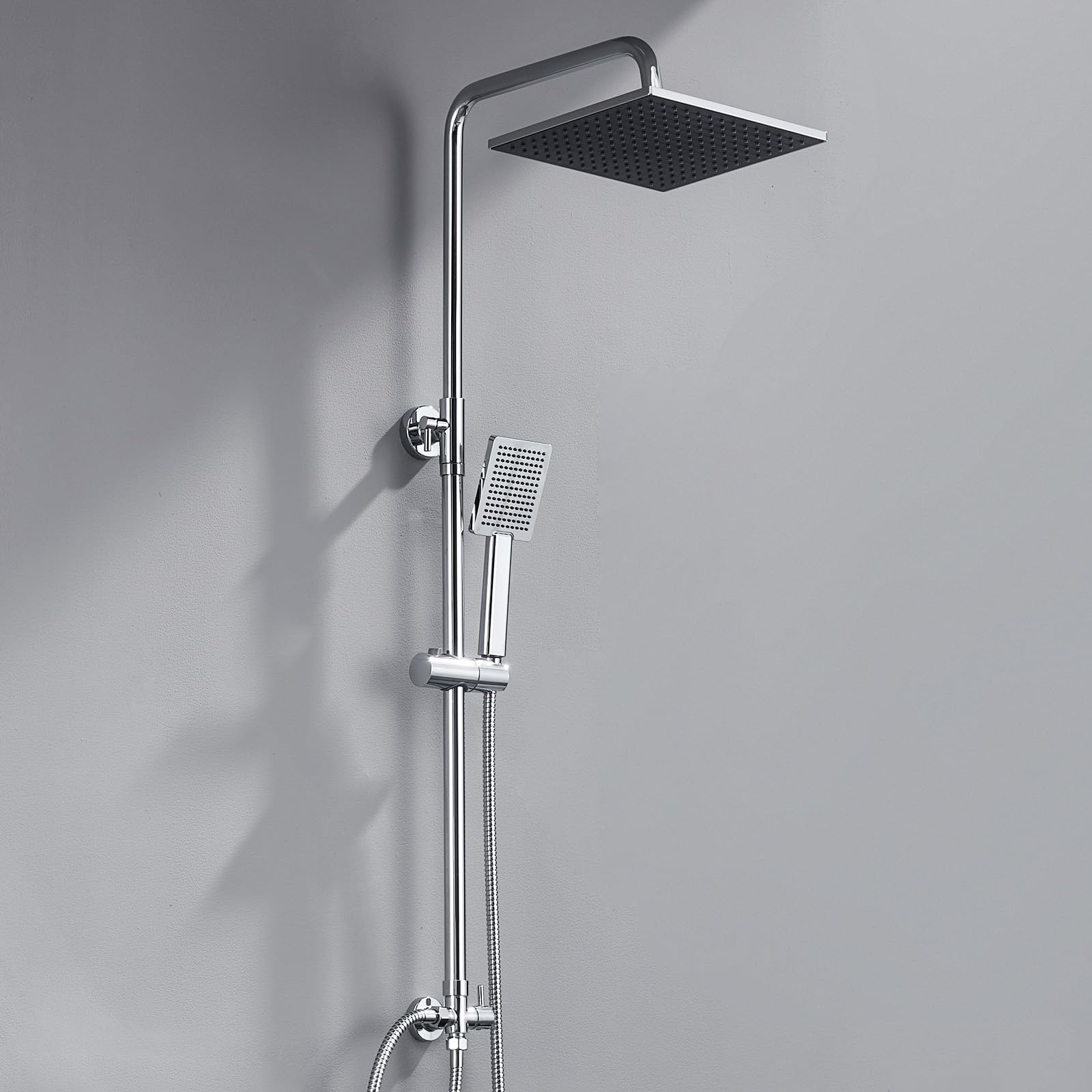Auralum Colonne de Douche sans Mitigeur Chromé Mat en Laiton, Colonne Télescopique 65-110cm avec Tête de Douche Carré Pluie 10", Douchette à Main Réglable, Kit pour Baignoire et Salle de Bain