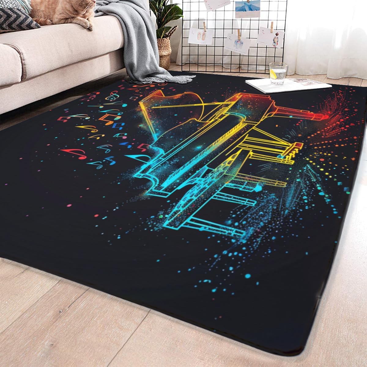 Washable Carpet, Abstract Art Piano Notes Print Area Rug, Black Neon Washable Soft Non-Slip Floor Mat, Pet and Family Friendly, Suitable for Living Room, Bedroom, Lounge, Dining Room 2' x 3'