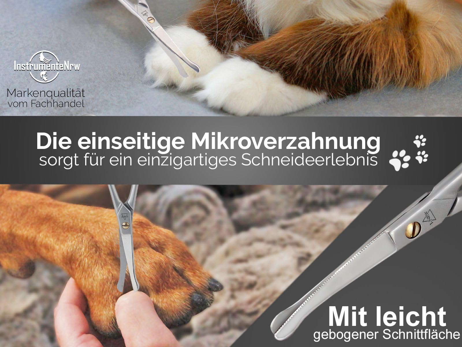 Fellschere Pfotenschere mit einseitiger gebogener Schnittfläche und Mikroverzahnung Haarschere zur Pfotenpflege von Hunden & Katzen 10,5 cm