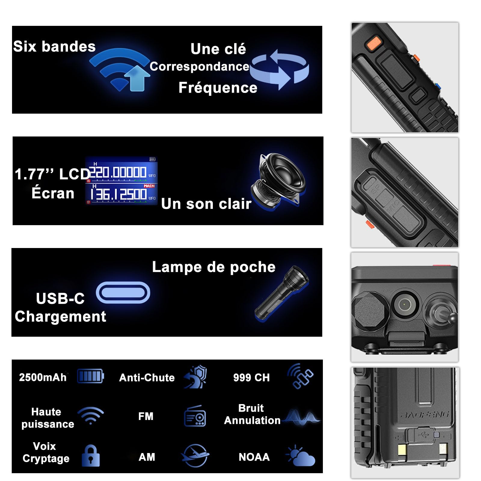 BAOFENG UV-5RM Walkie Talkie Multi-Band Long Range Handheld Transceiver NOAA USB-C Charging Upgrade of UV-5R Wireless Air Band 1.77in LCD Screen with Programming Cable