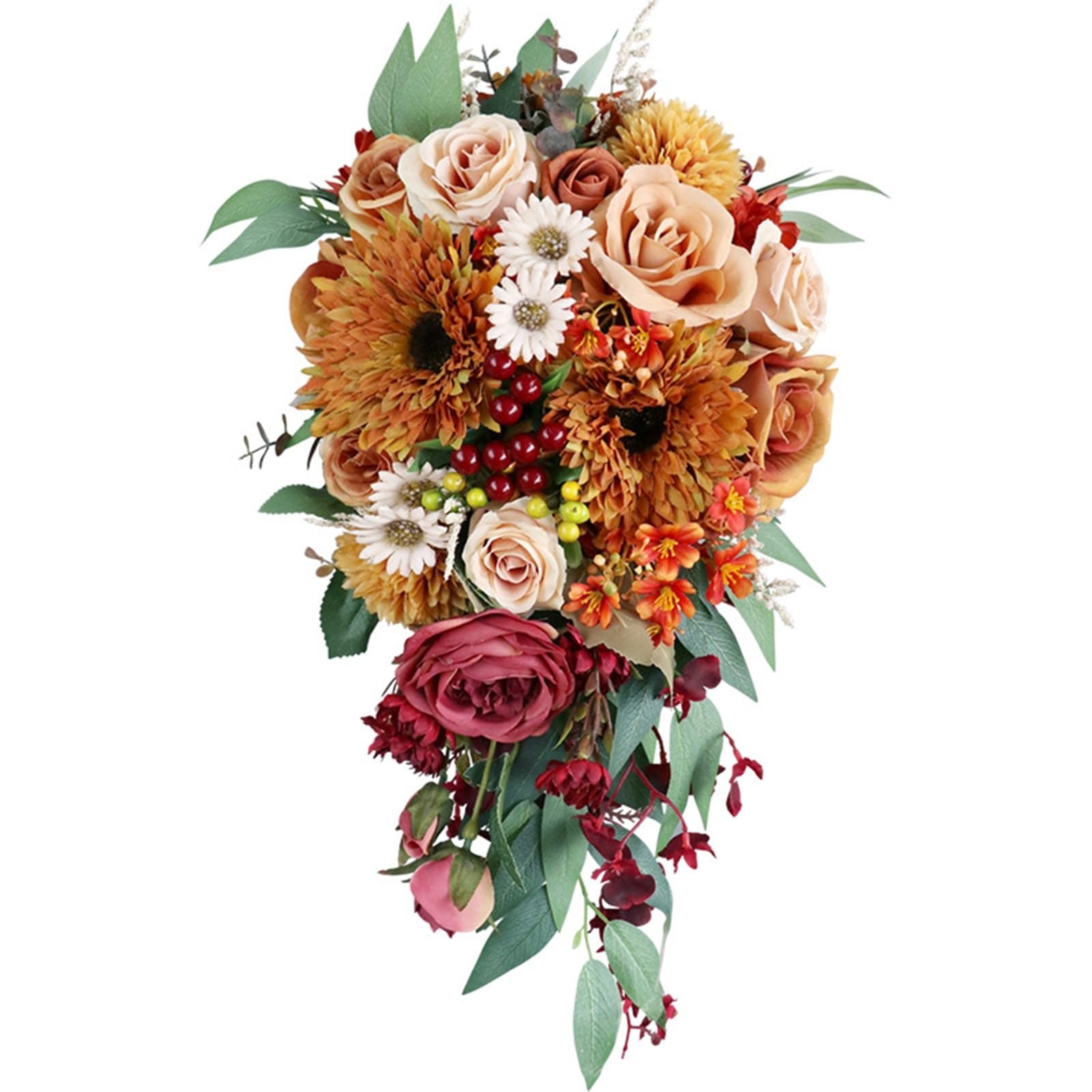 Frzxbkw One Color 9.8" Orange Sunflower Cascading Wedding Bouquets For Bride Burnt Cascade Bridal Bouquet For Wedding Ceremony Anniversary, Bridal Shower, Party And French Rustic Vintage Wedding