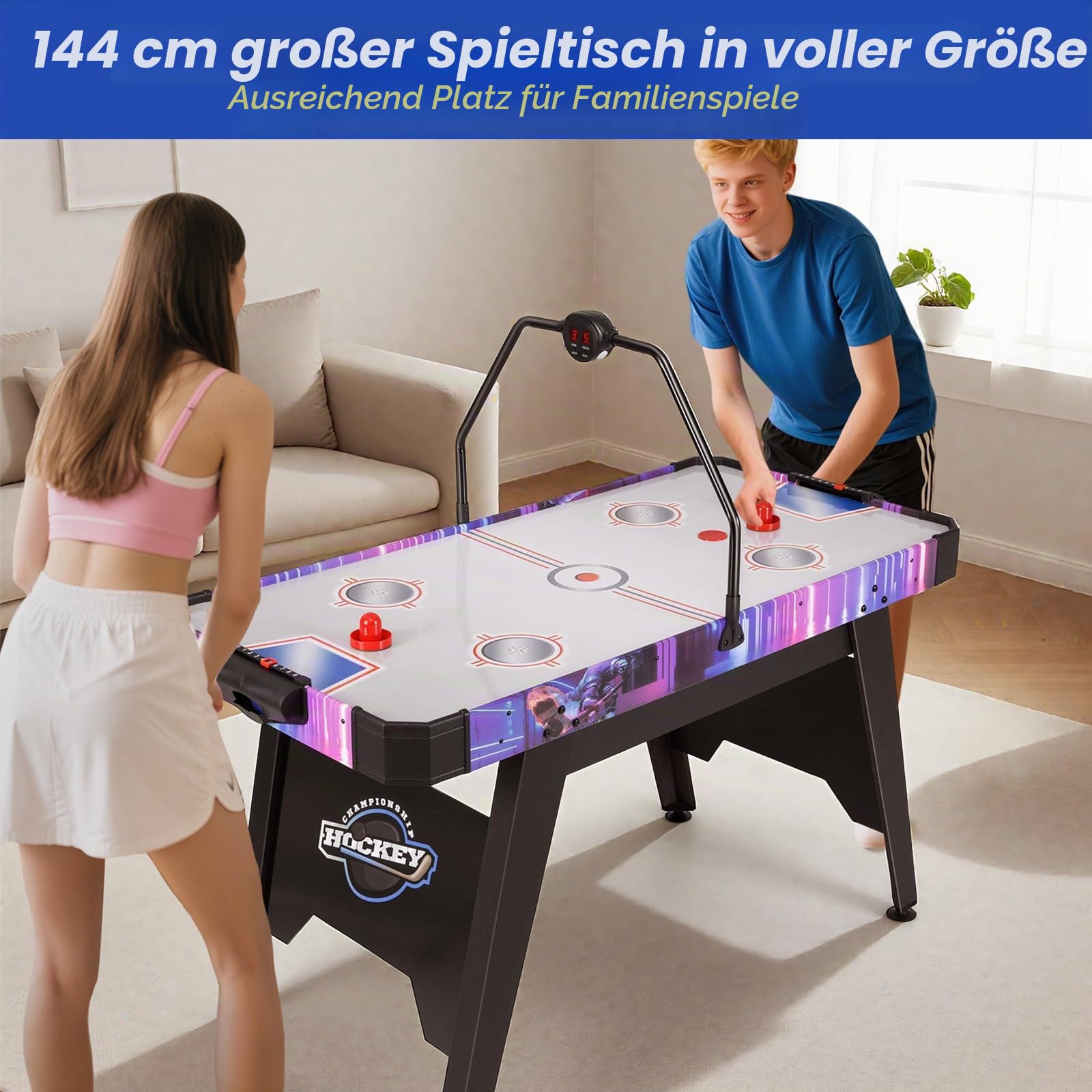 HOMASIS Airhockey Tisch, Air Hockey Spieltisch mit 12V-Motor & LED-Punktezähler, elektronischer Tischhockey inkl. 2 Pucks & 2 Schiebern, Airhockeytisch Lufthockey Speedhockey für Kinder & Erwachsene