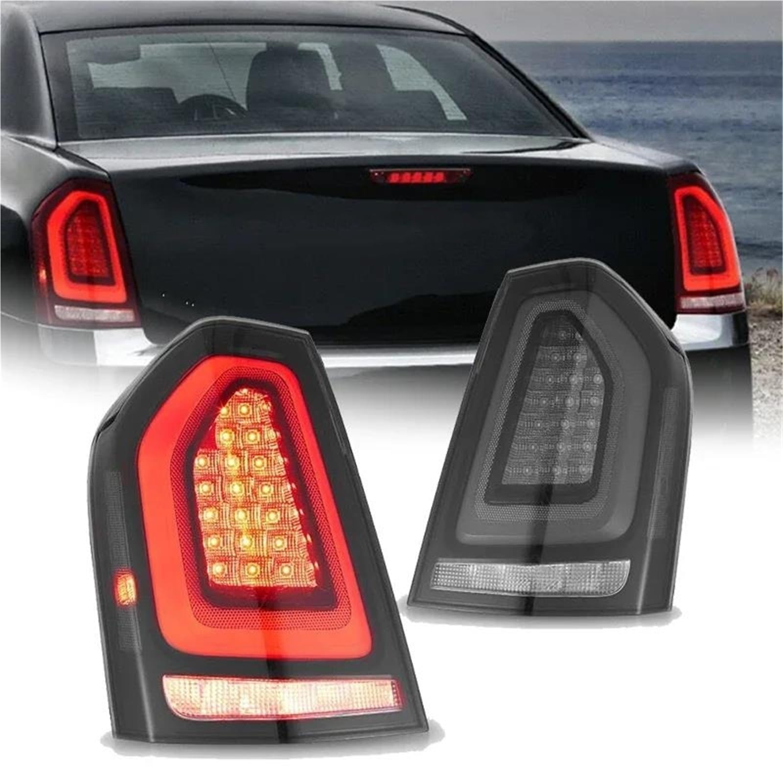 Luz Trasera Luces Traseras LED De Estilo Automóvil Para Chrysler 300C 2011 2012 2013 2014, Lámpara Trasera, Luz Freno, Marcha Atrás, Señal Giro Ámbar Luces Traseras(2PCS Smoke)