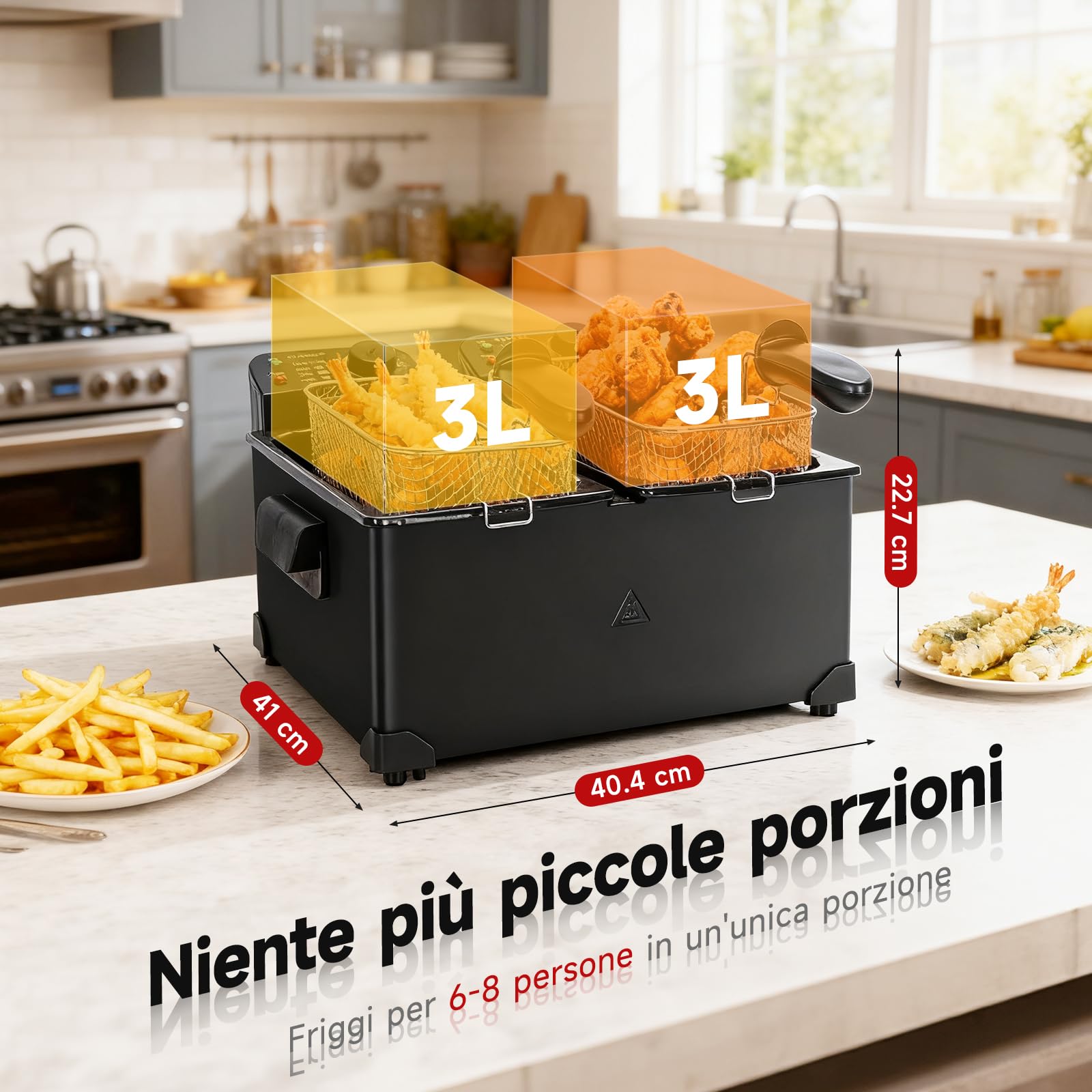 Aigostar Friggitrice doppia vasca. capacità totale 6L, 2 cestelli da 3L. Controllo termostatico, coperchi con finestre. Friggitrice elettrica professionale senza BPA.3600W