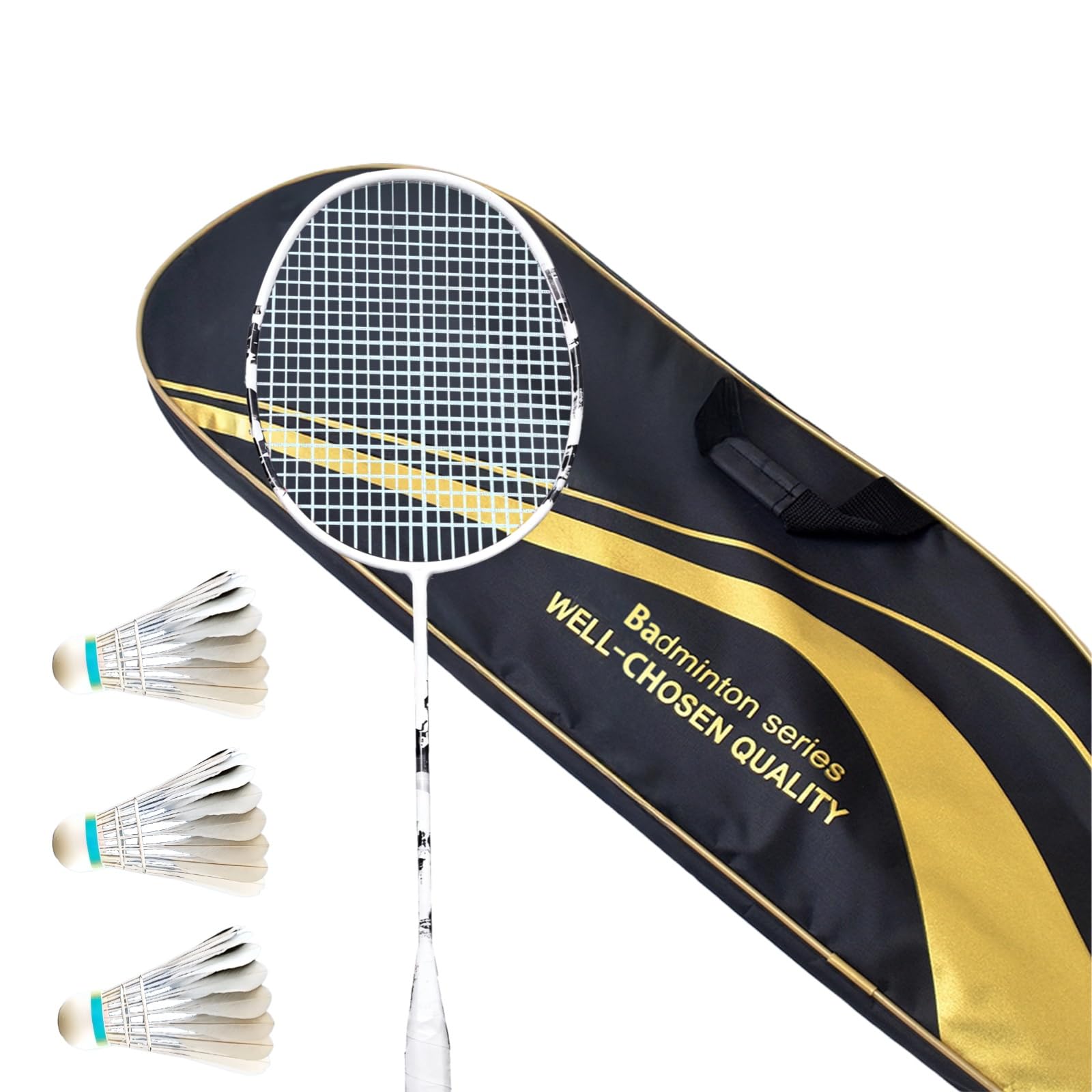 PONDON Kit racchetta da badminton in fibra di carbonio con corda ad alta tensione, 3 volani e nastro adesivo, racchetta leggera 4U con custodia per il trasporto e manico per allenamento