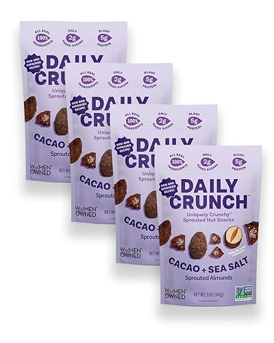 Daily Crunch Almendras germinadas, bolsas resellables de 5 onzas (cacao y sal marina, paquete de 4) el embalaje puede variar, germinado y