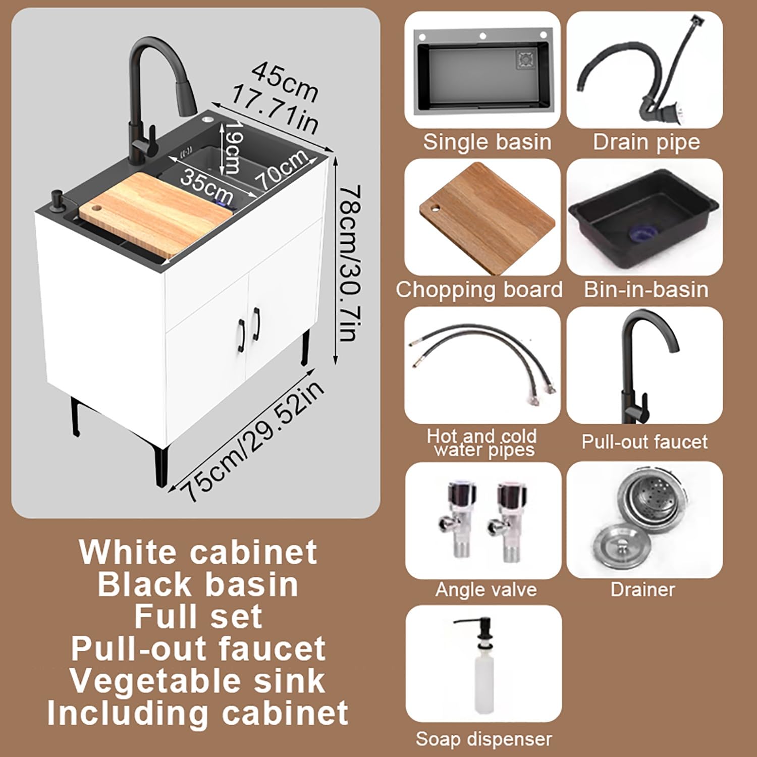 SDdPulse Armadietto per lavello commerciale con rubinetto estraibile caldo e freddo, vasca singola, lavanderia, per garage, ristorante, cucina, lavanderia, grigio, 60 x 40 x 78 cm, bianco, 75 x 45 x