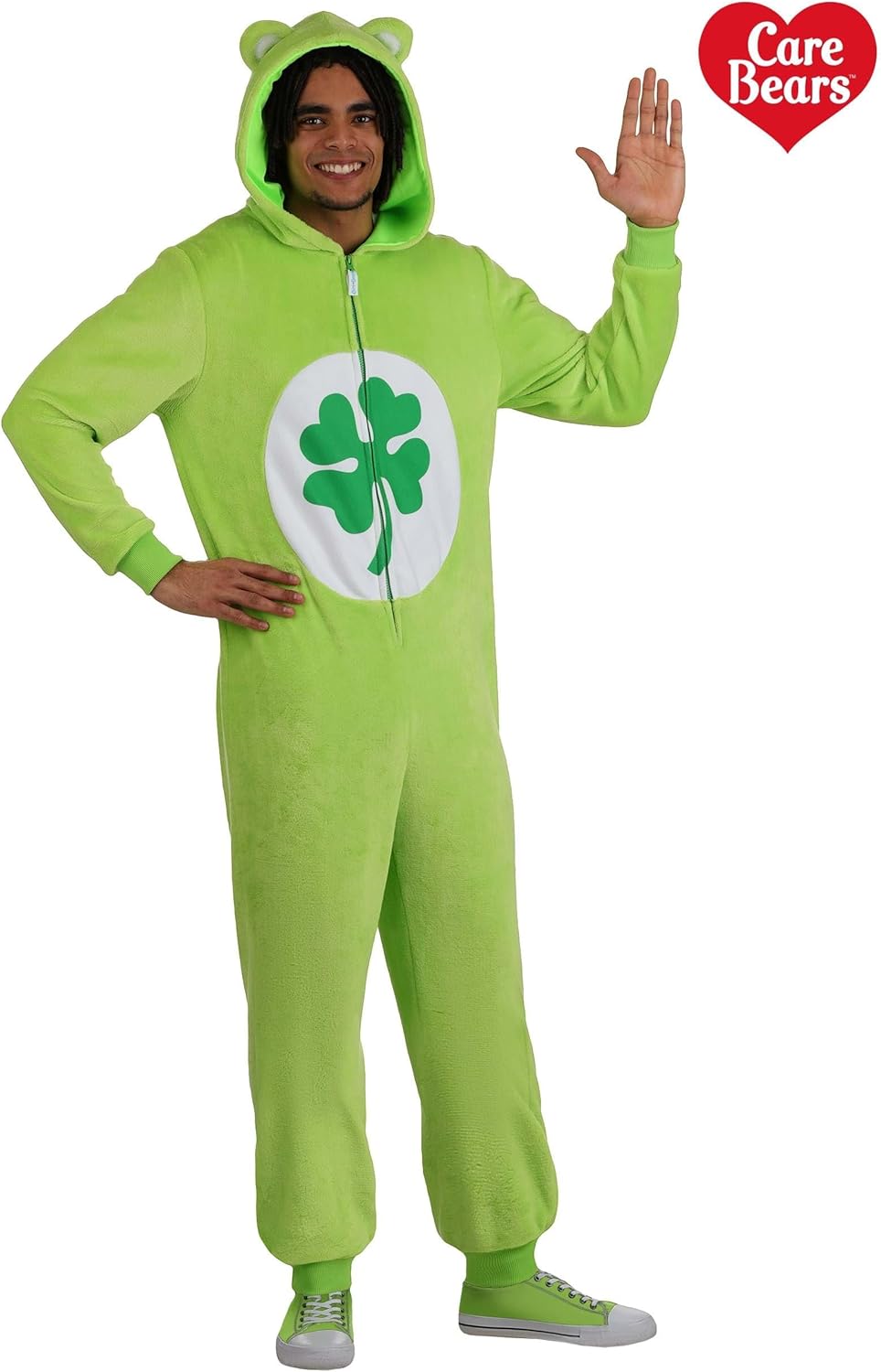 Care Bears Good Luck Bear Costume Jumpsuit | Adult Hooded Fleece Outfit with Clover Design for Halloween Cosplay