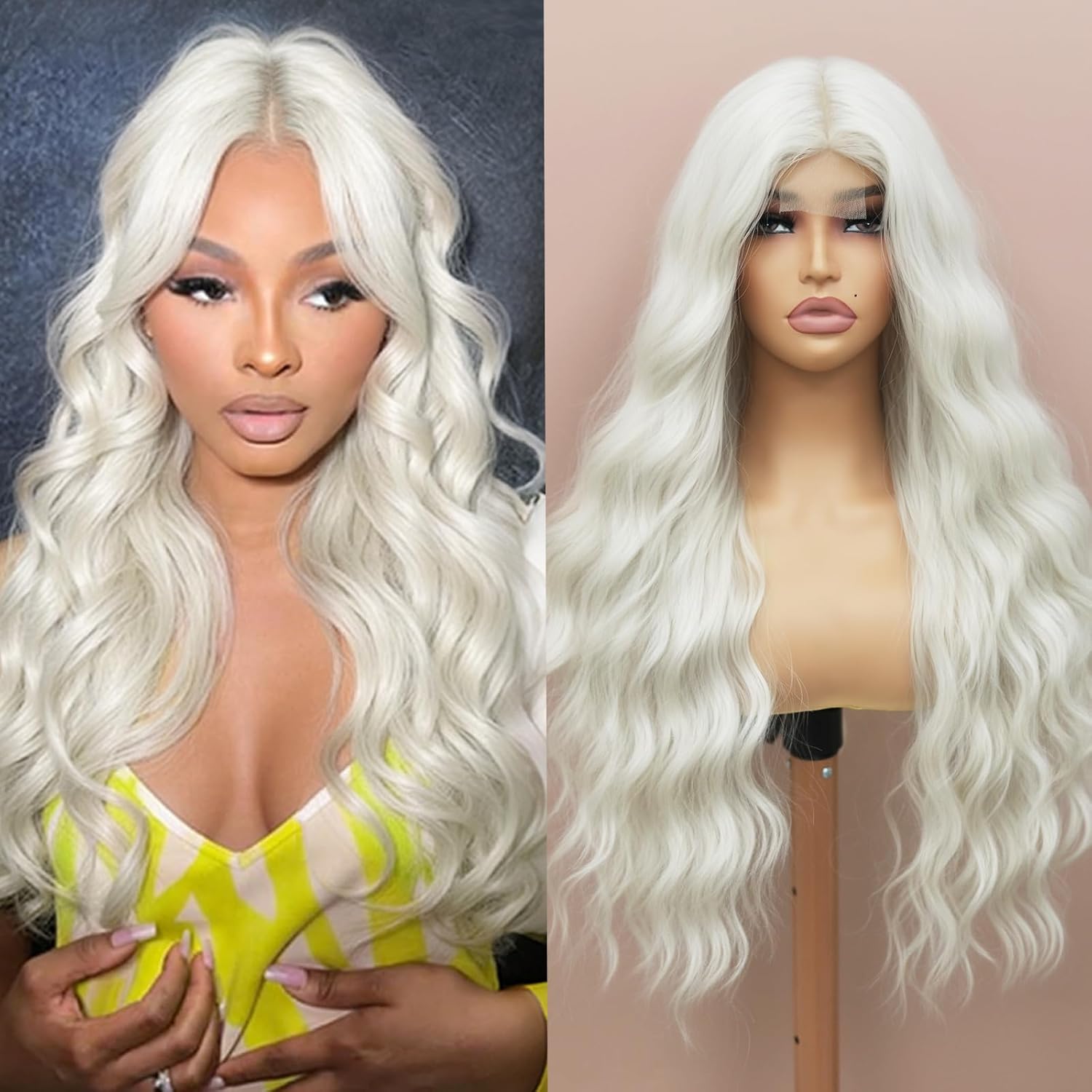 GIANNAY Long White Silver Loose Wavy Wig 4x1 HD Front Lace Wigs Pre-Plucked Hairline Middle Part Synthetic Heat Resistant Fiber Hair Grey Curly Wavy Wigs For Women Daily Party Use 26 Inch