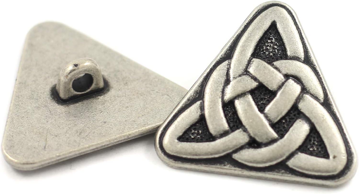 Bezelry 10 Pieces Triangle Celtic Sister Knot Metal Shank Buttons. 25mm (1 inch) (Antique Silver)