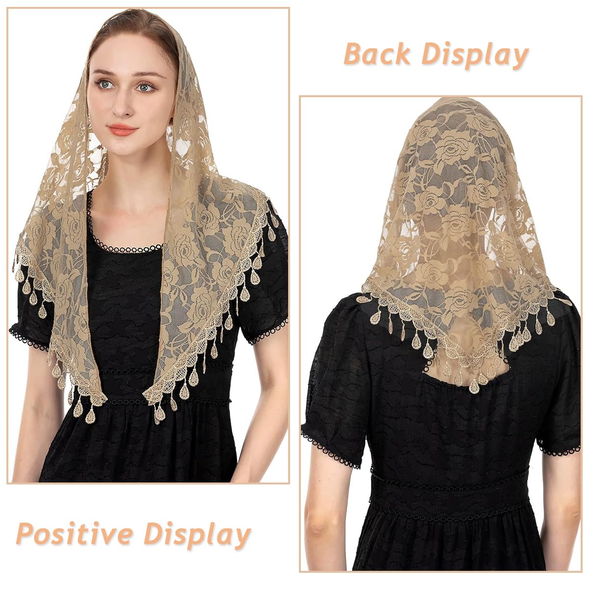 PALAY Lace Mantilla Triangle Veil for Church, Tassel Scarf, Brown 2