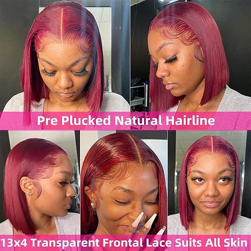 Miniatura 10 de Pelucas de cabello humano con encaje frontal color borgoña 99J prearrancado de 14 pulgadas, peluca de cabello humano de encaje frontal de 13 x 4,