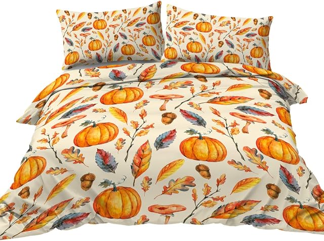 BlessLiving 3-piece Double Duvet Cover Set Orange Autumn Watercolor Design Pumpkins Gold Yellow Fall Leaves Pattern Bedding Sets Cheerful Natural Bedspread