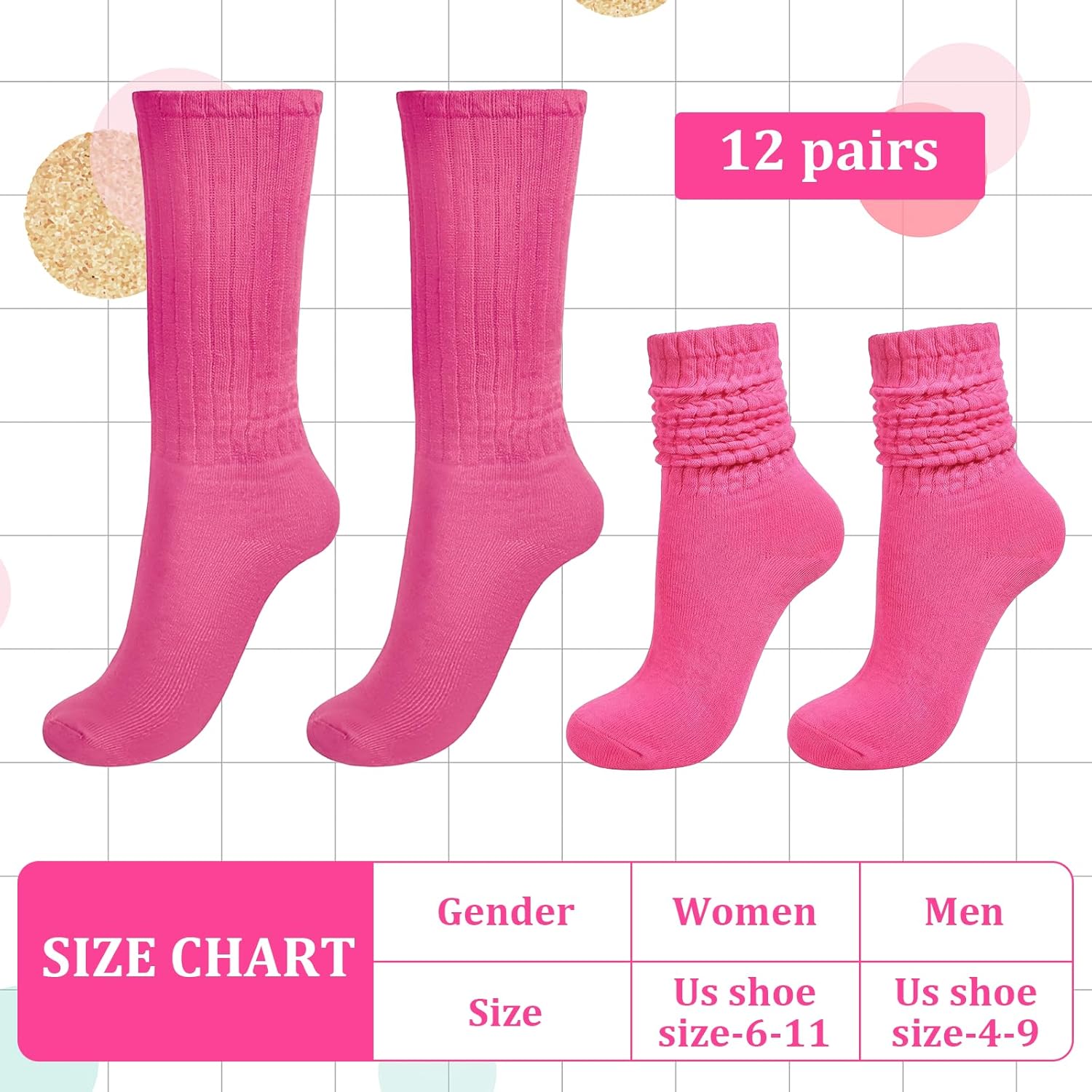 12ペア スラウチソックス 女性用 カラー ソフト ホワイト シュシュソックス レトロ ロング クルーソックス バルク 女性用 ブー