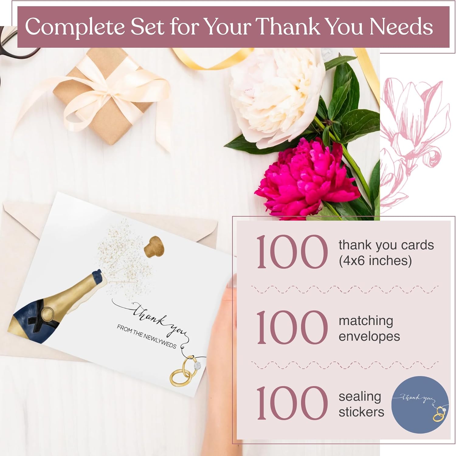 Heather & Willow 100 Wedding Thank You Cards from the New Mr and Mrs | 4x6 Bulk Thank You Cards with Envelopes | Grateful Notes Bridal Shower and Baby Shower