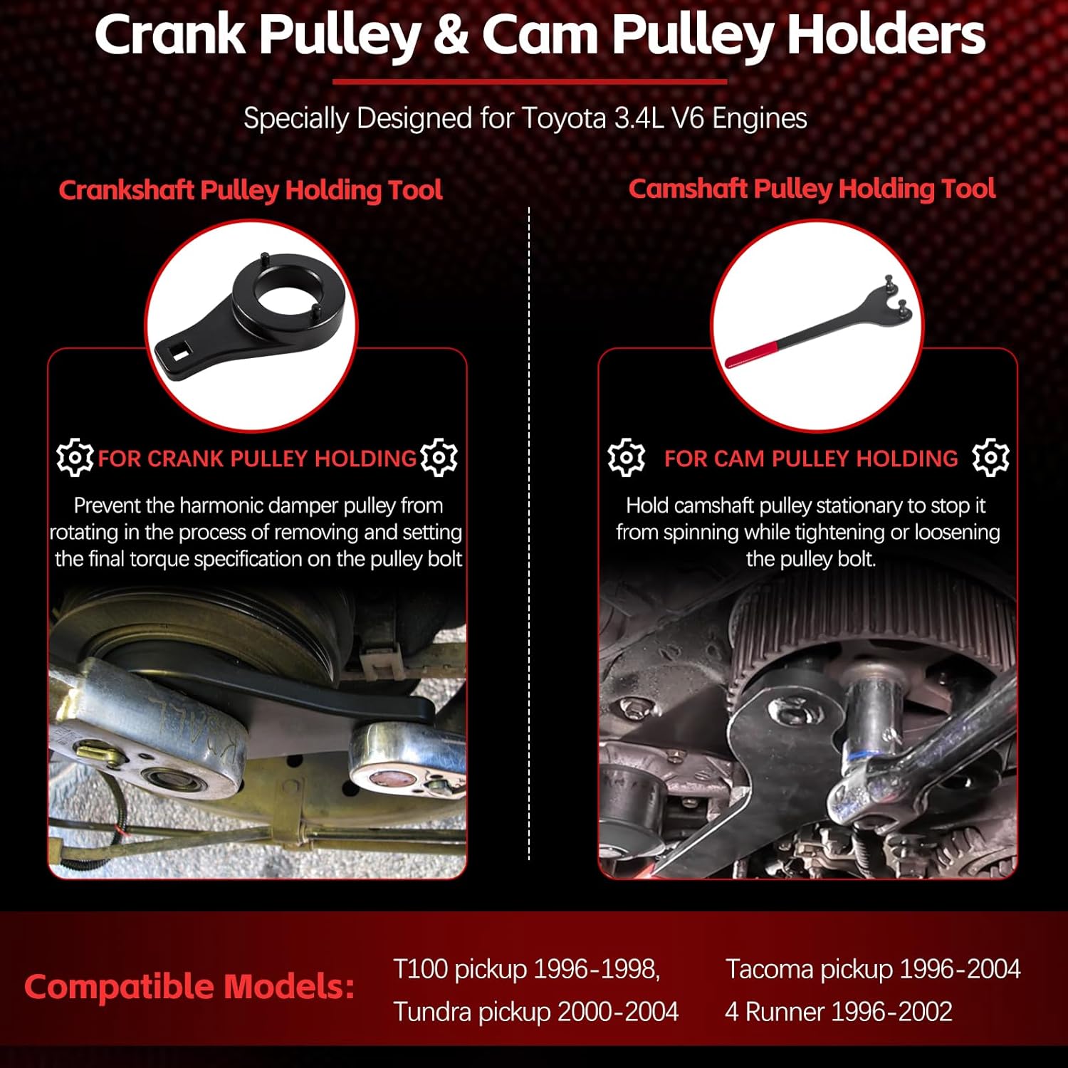 Sunluway for Toyota 3.4L V6 Engine Crankshaft Damper Pulley Holding Tool & Cam Pulley Holder W89208 fits Tacoma 4Runner T100 Tundra Pickup, Harmonic Damper and Camshaft Pulley Holding Tool