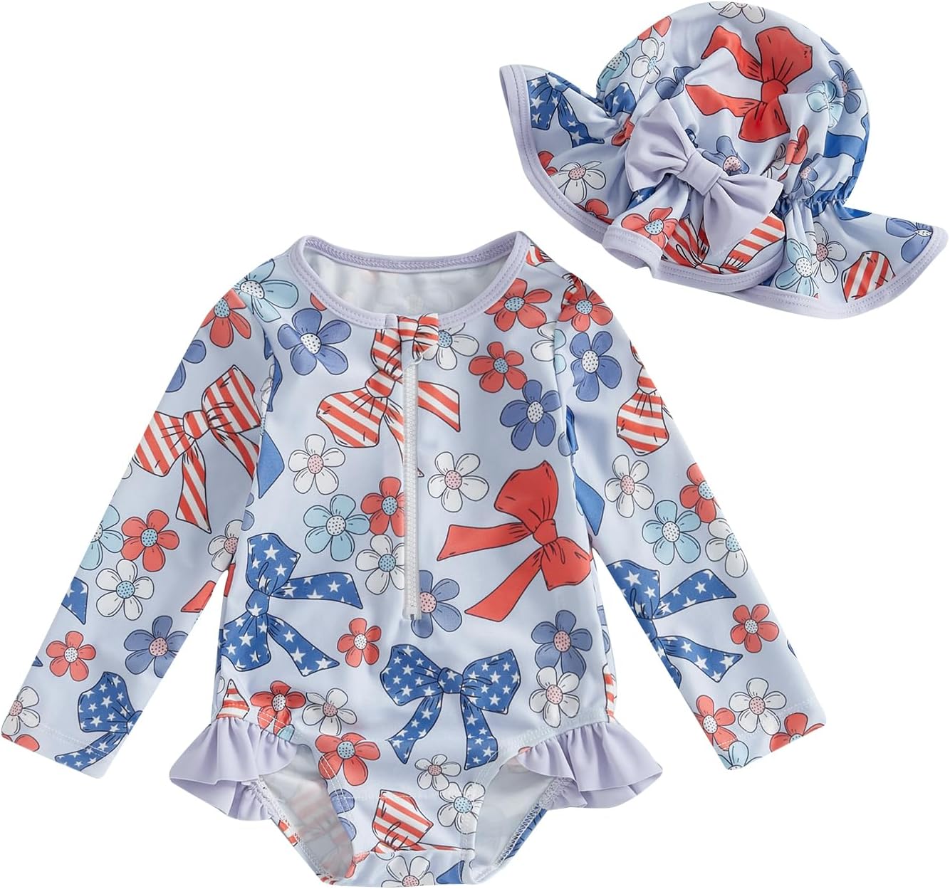 Toddler Baby Girl 4th of July Swimsuit Rash Guard Stars Bow Long Sleeve Zipper Bathing Suit One Piece Swimwear