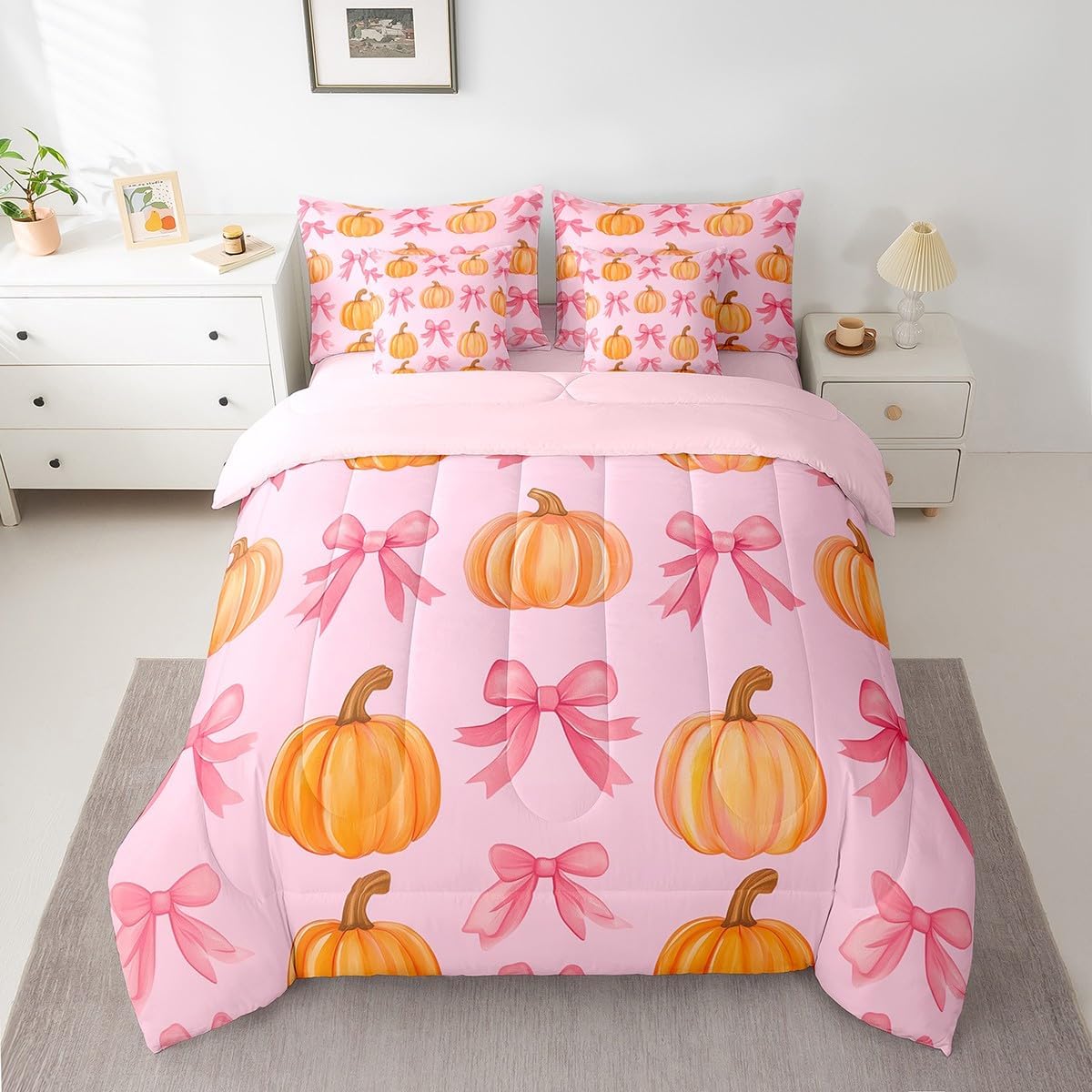 Erosebridal 7 Piece Pumpkin Bed in A Bag Twin Kawaii Pink Bowknot Bedding Set for Kids Girls Teen,Fall Thanksgiving Day Theme Comforter Set Cute Autumn Theme Bed Set with Pillow Covers