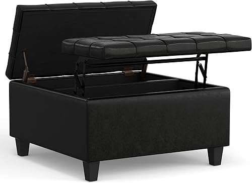 Vista 26 de SIMPLIHOME Harrison - Mesa de centro pequeña otomana de almacenamiento, 30 pulgadas de ancho, tapizada de piel vegana, otomana cuadrada elevadora