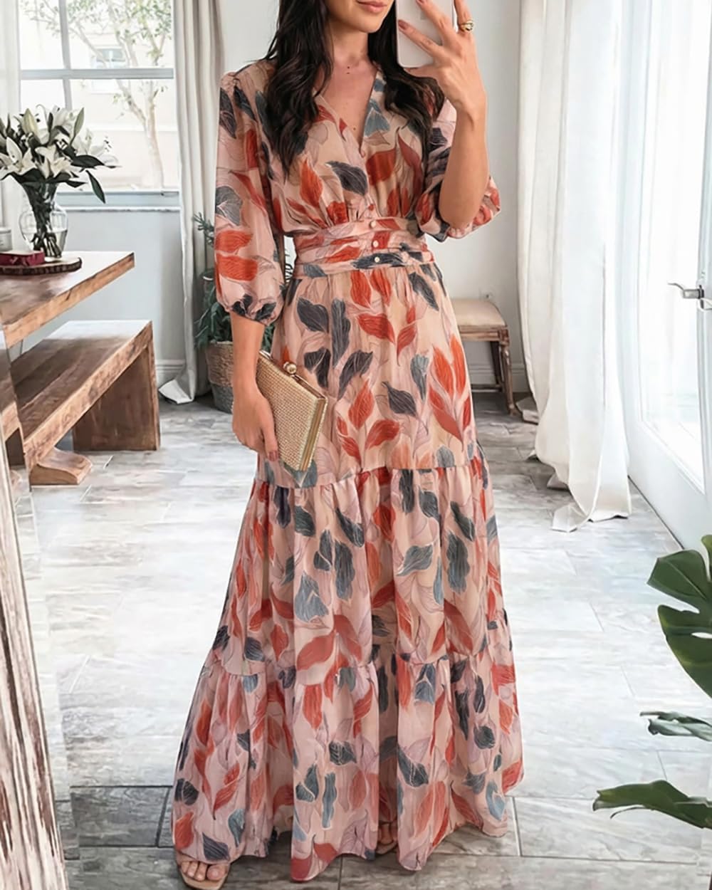 CHICME Women’s Summer Boho Maxi Dress V Neck 3/4 Puff Sleeve Floral Print Casual Vacation Beach Long Dress - Image 2